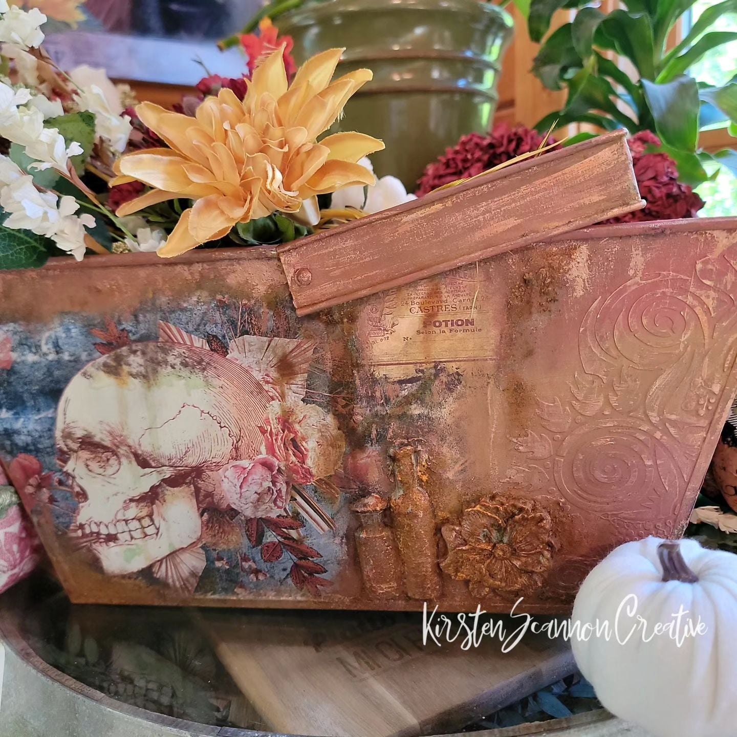 Skull Apothecary Vintage Upcycled Galvanized Metal Bucket
