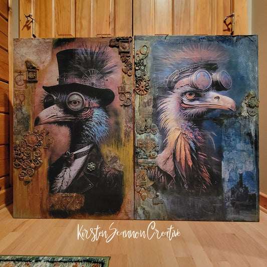Traveling Steampunk Birds Mixed Media Canvases, Wall Art