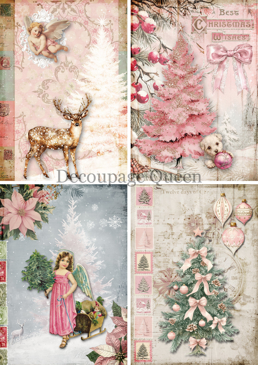 Decoupage Queen A4 Rice Paper Pink Winter Four Pack