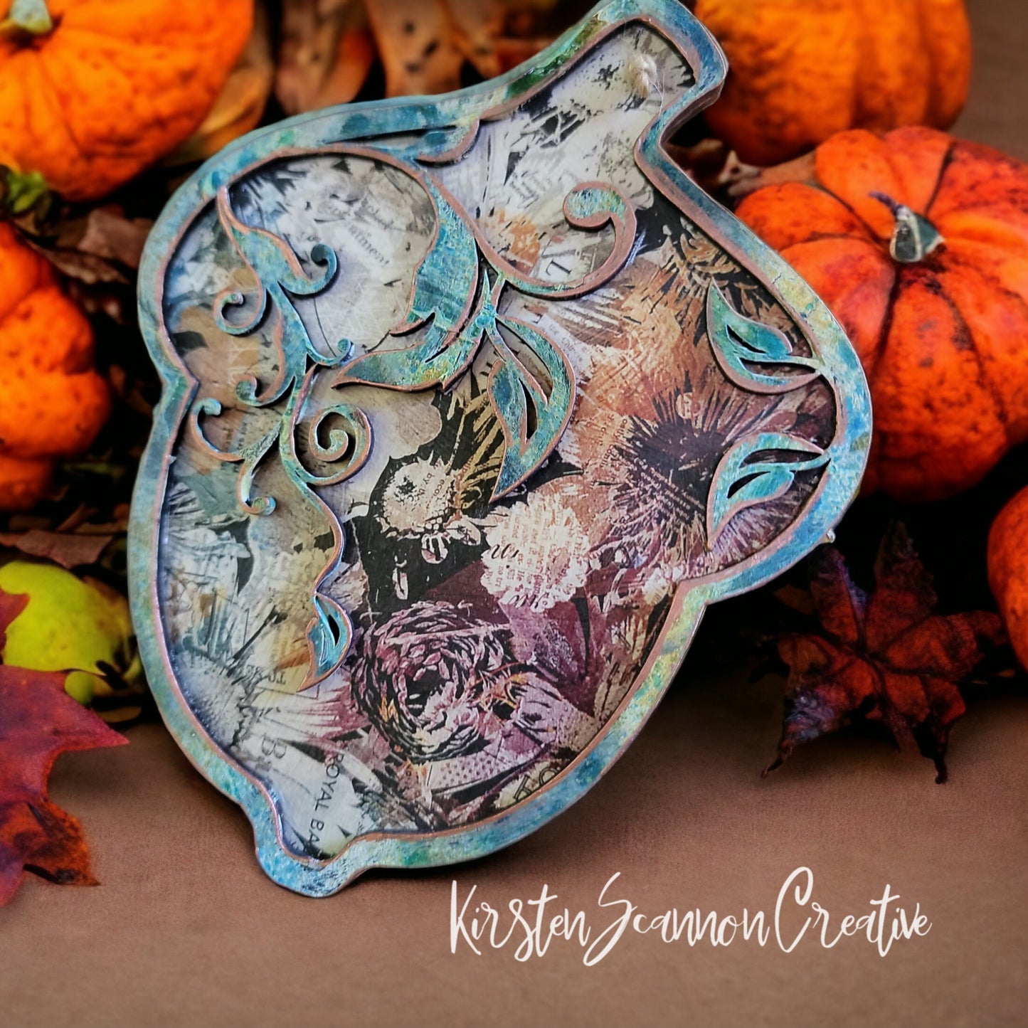 Floral Acorn Decoupaged Mixed Media Art Ornament, Autumn-Fall Decor