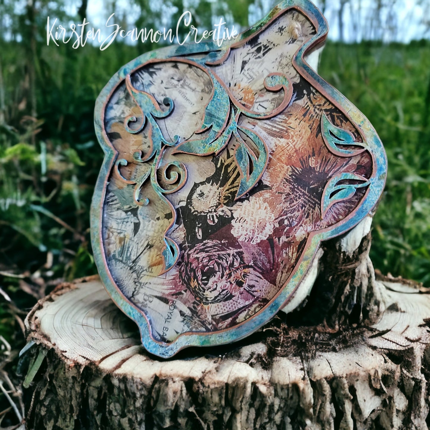 Floral Acorn Decoupaged Mixed Media Art Ornament, Autumn-Fall Decor