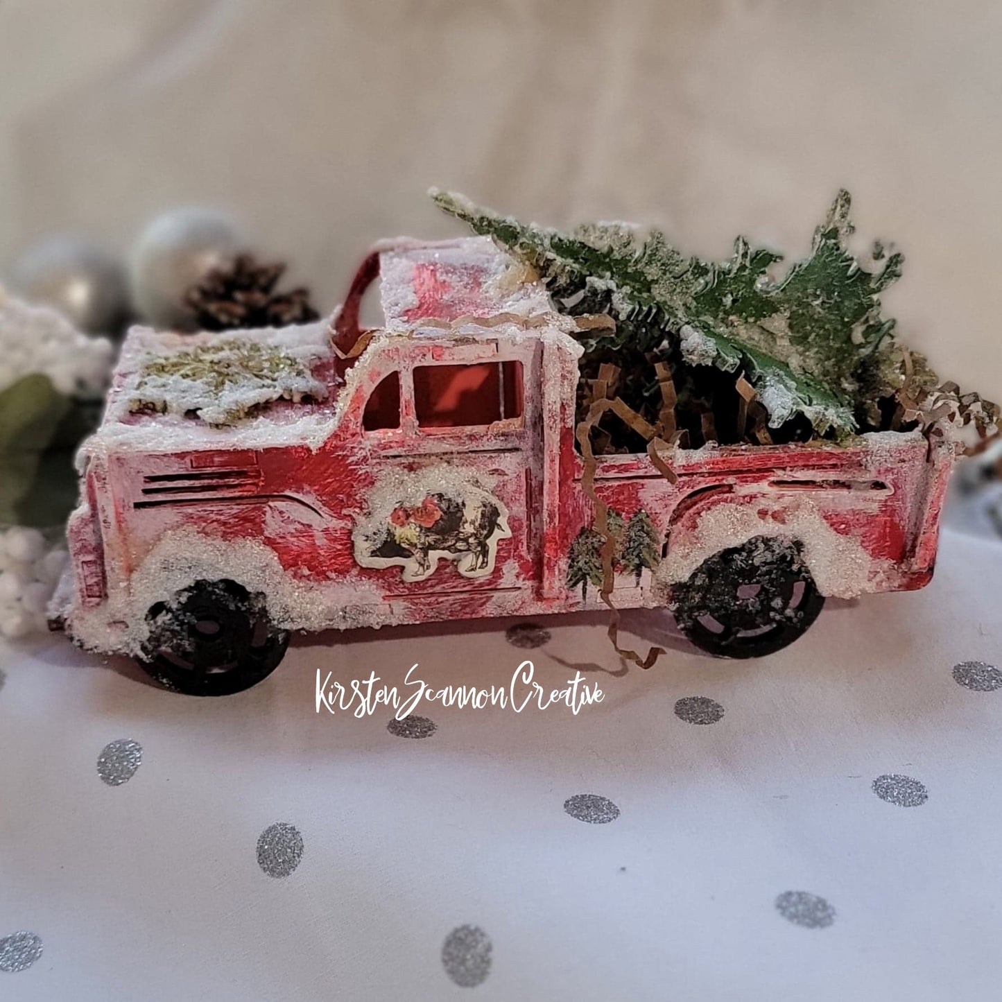 Vintage-Style Little Red Truck Mixed Media Winter Decoration