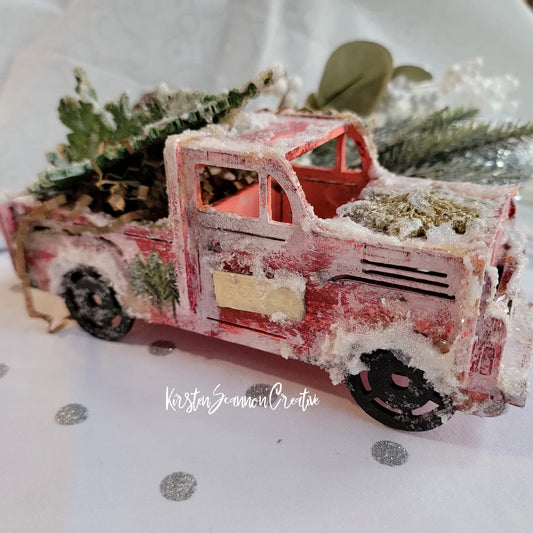 Vintage-Style Little Red Truck Mixed Media Winter Decoration