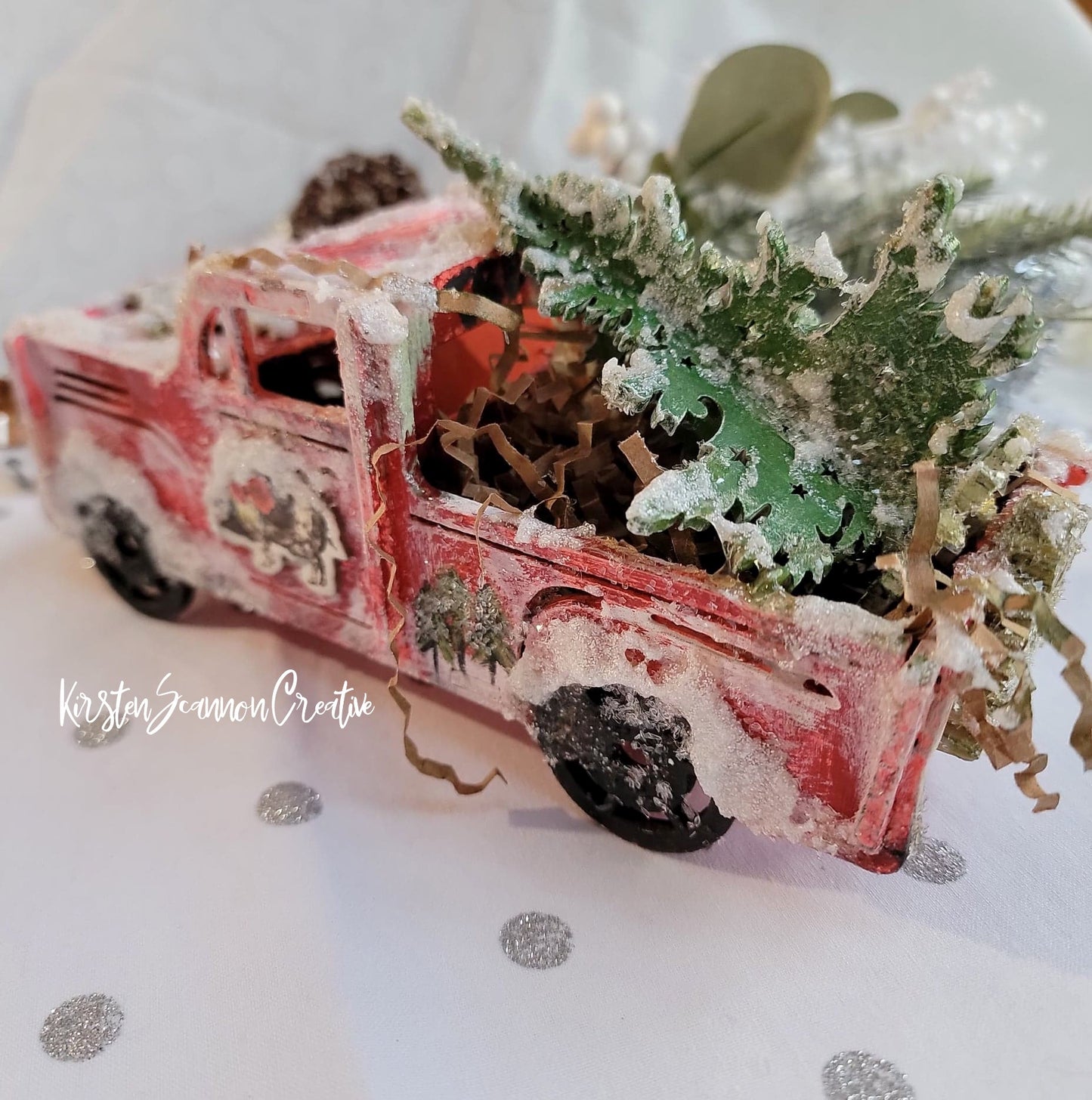 Vintage-Style Little Red Truck Mixed Media Winter Decoration