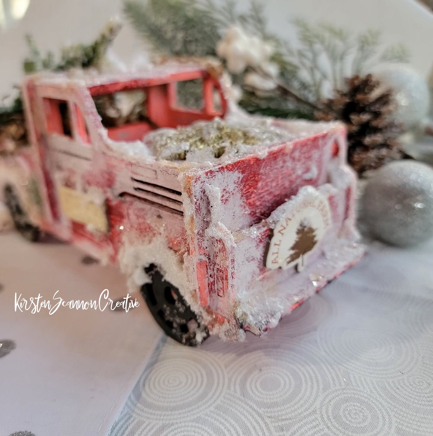 Vintage-Style Little Red Truck Mixed Media Winter Decoration