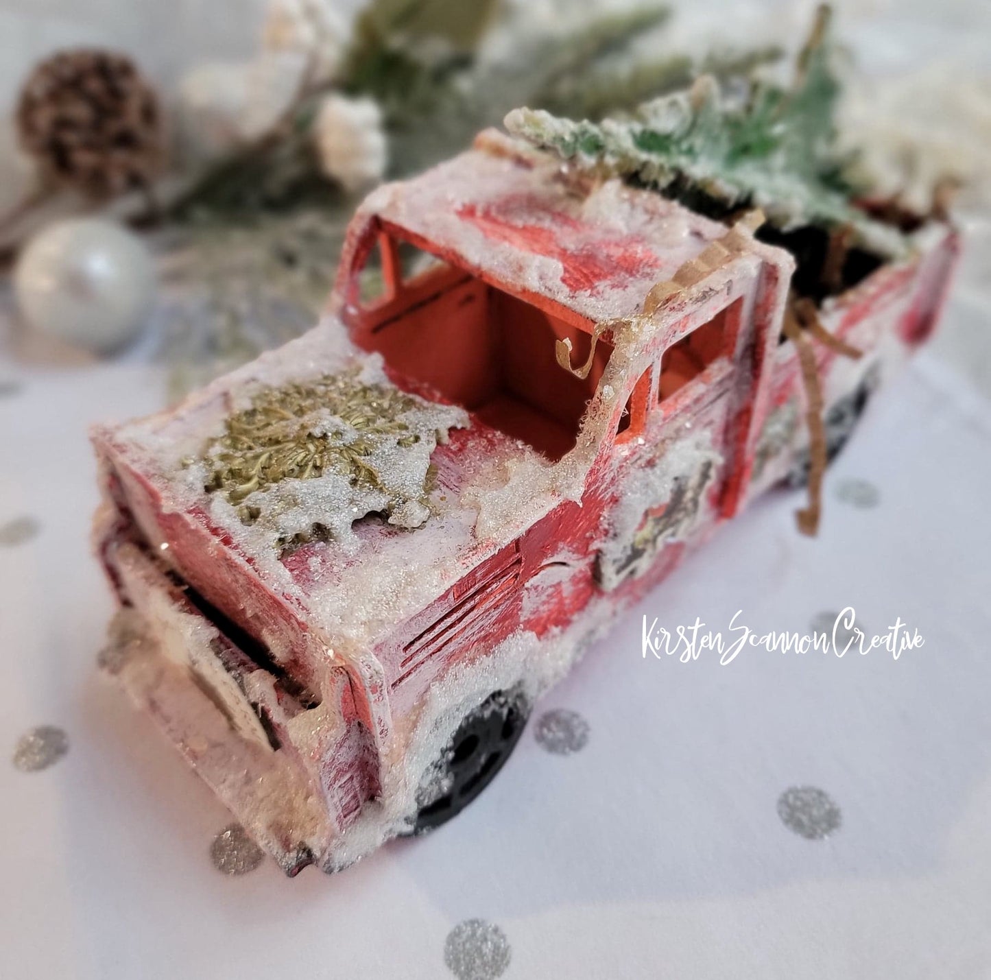 Vintage-Style Little Red Truck Mixed Media Winter Decoration