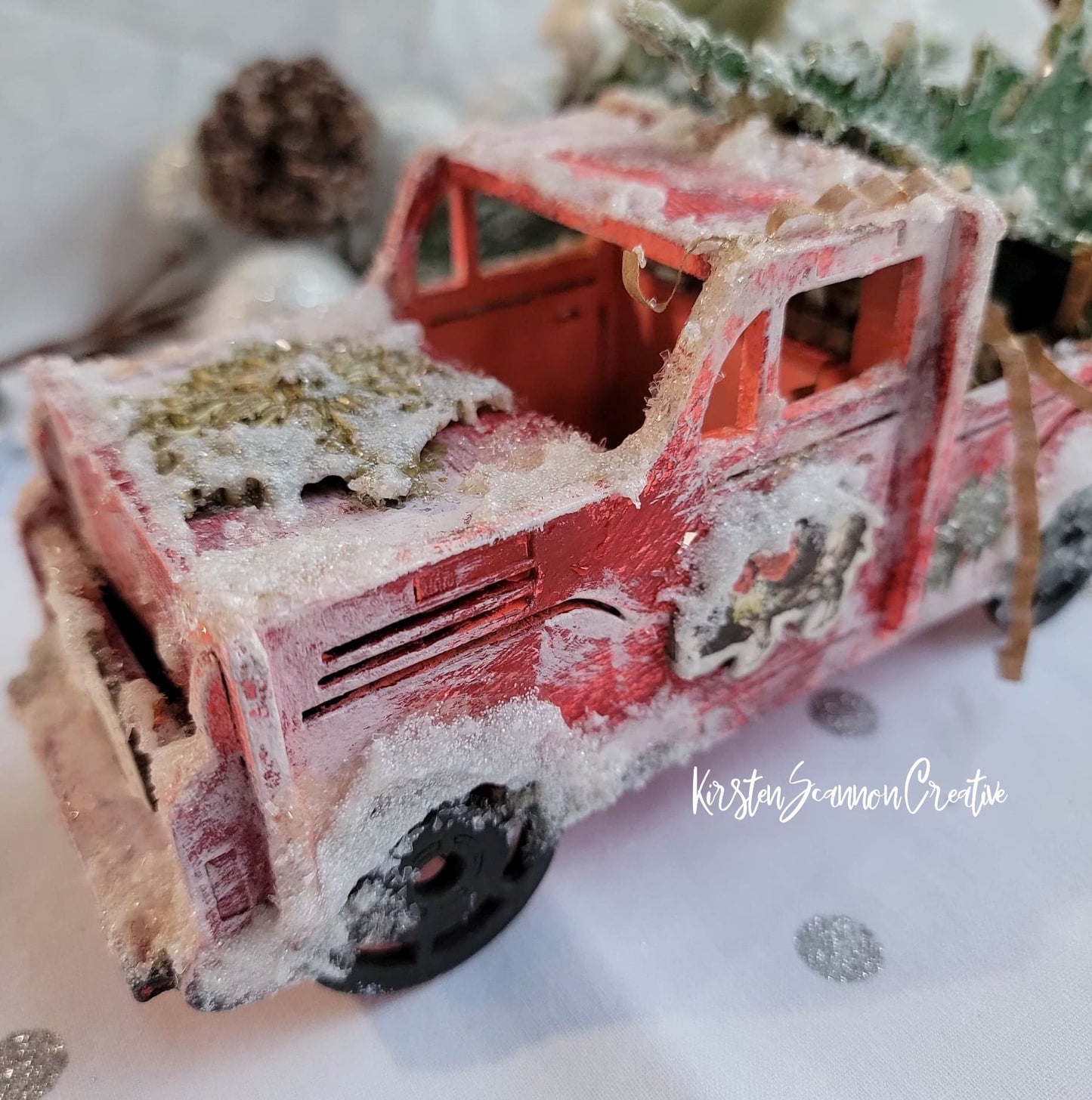 Vintage-Style Little Red Truck Mixed Media Winter Decoration