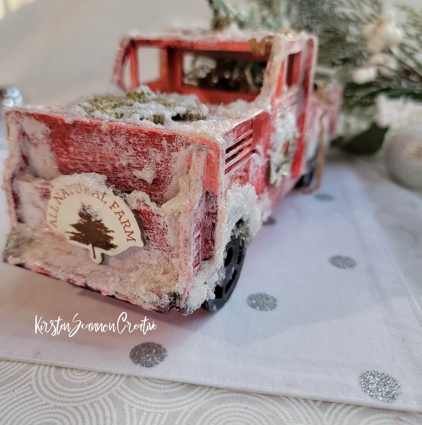 Vintage-Style Little Red Truck Mixed Media Winter Decoration