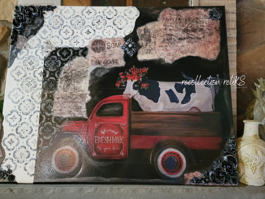 Vintage Style Cow in Red Truck Canvas Art