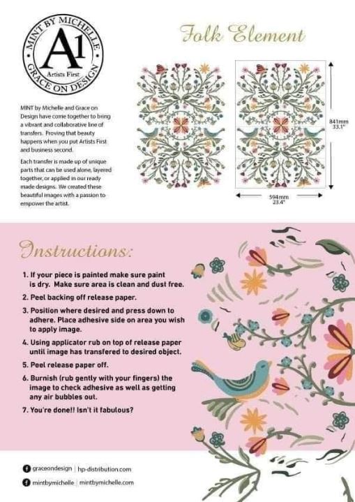 Closeout Sale! Folk Element A1-MINT by Michelle Transfer 23.1" x 33.1" for DIY Projects, Scrapbooking, Art Journals, Mixed Media, Collage