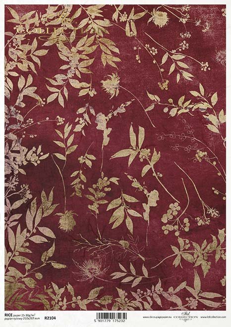 ITD Collection A4 Rice Paper for Decoupage Burgundy with Gold Leaves 2104