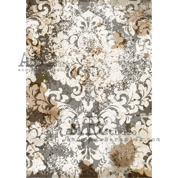 AB Studios A4 Rice Paper for Decoupage Black and Tan Damask 0168