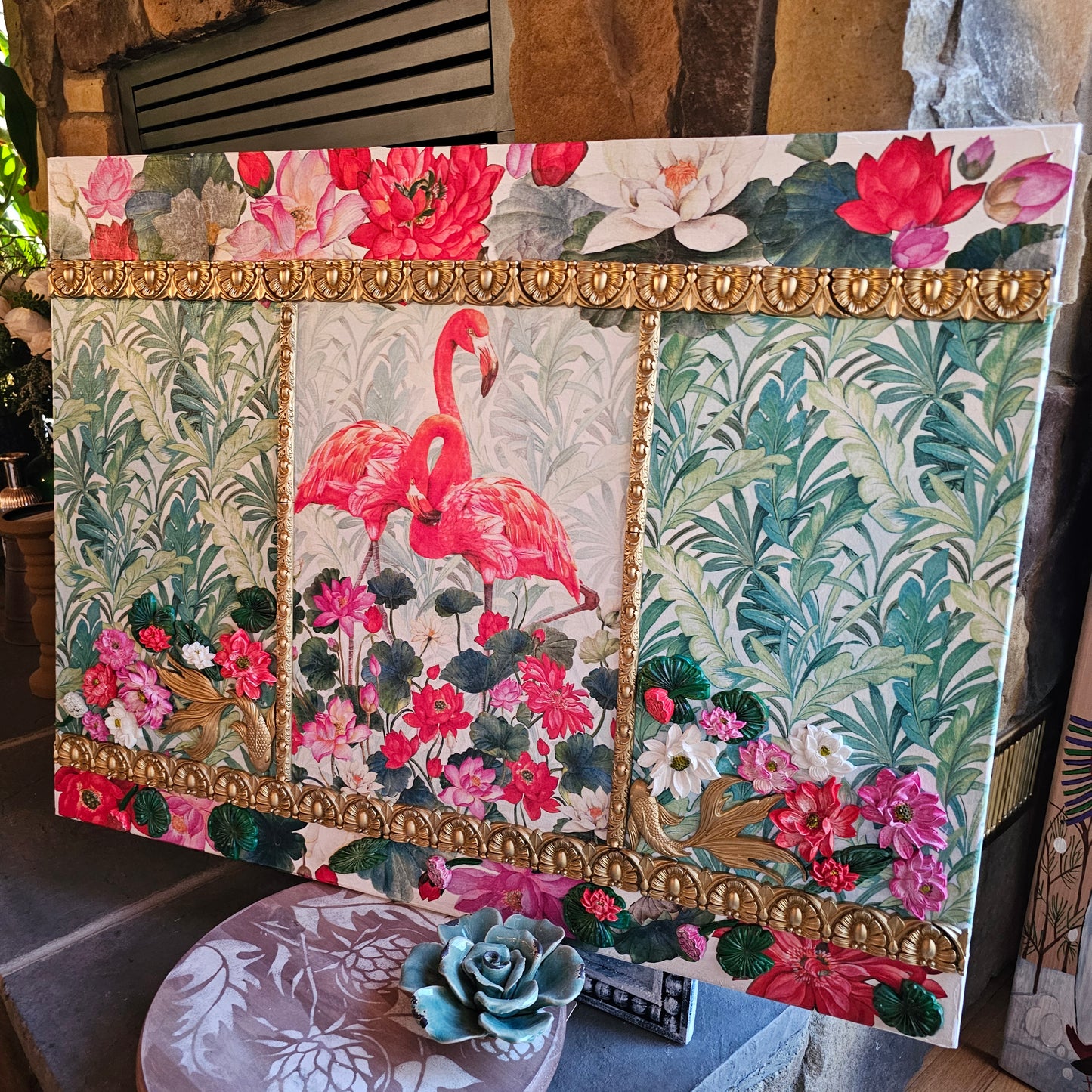 Flamingos & Lotus Mixed Media Wall Hanging