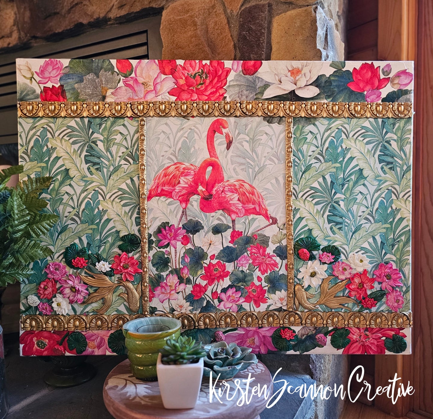 Flamingos & Lotus Mixed Media Wall Hanging