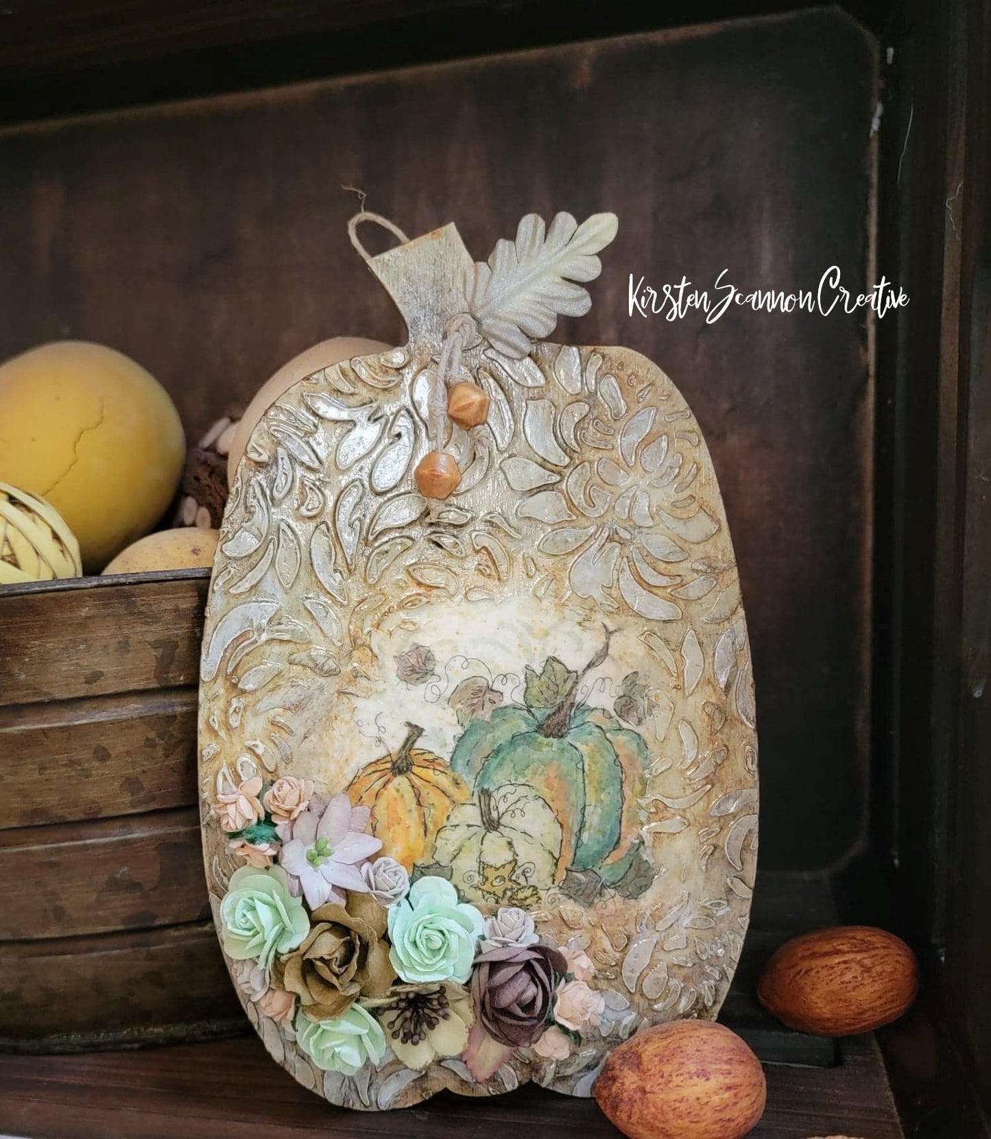 Orange Teal Cottage Pumpkin Wallhanging Decoupaged Mixed Media Art Ornament, Autumn-Fall Decor