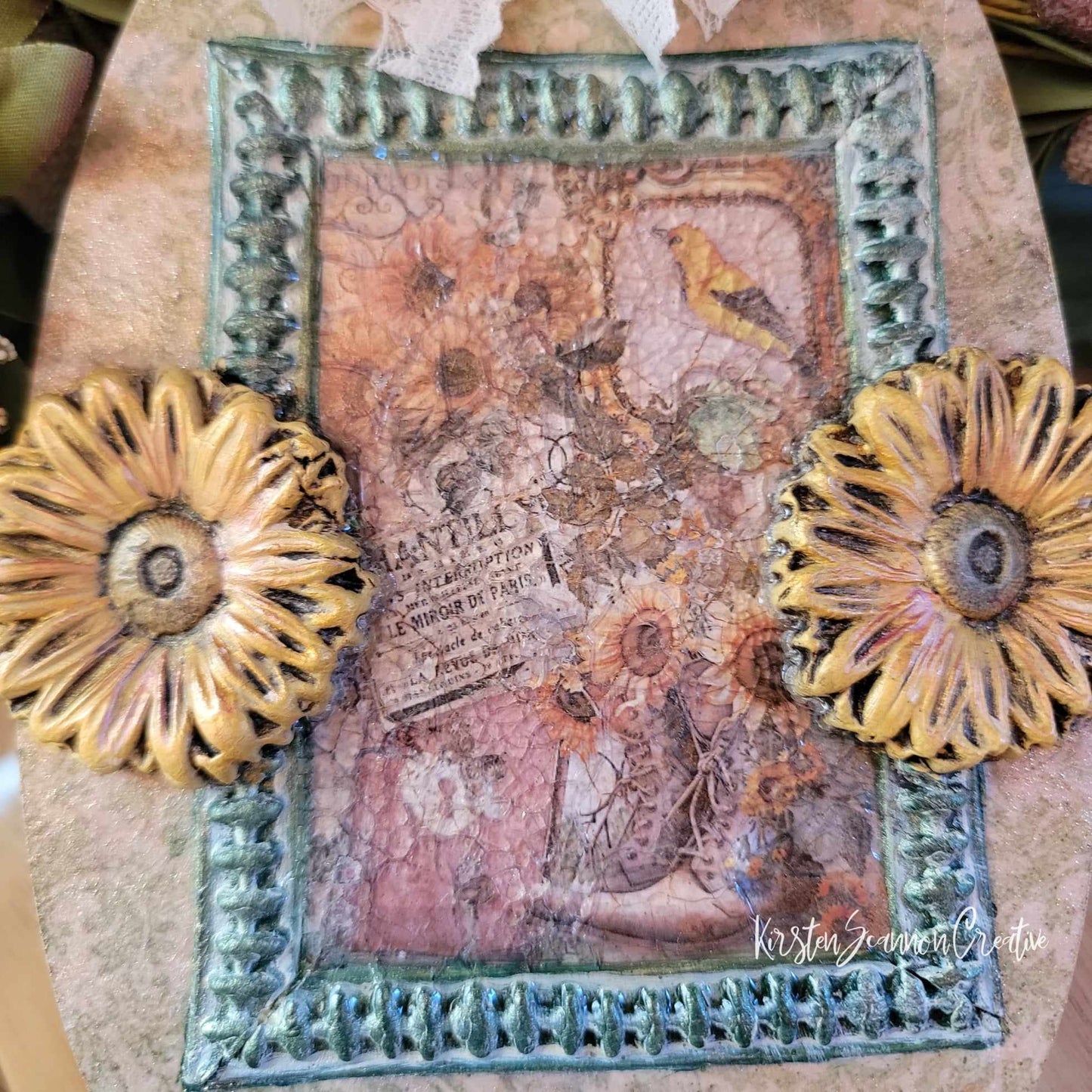 Sunflowers & Country Scene Pumpkin Wallhanging Decoupaged Mixed Media Art Ornament, Autumn-Fall Decor