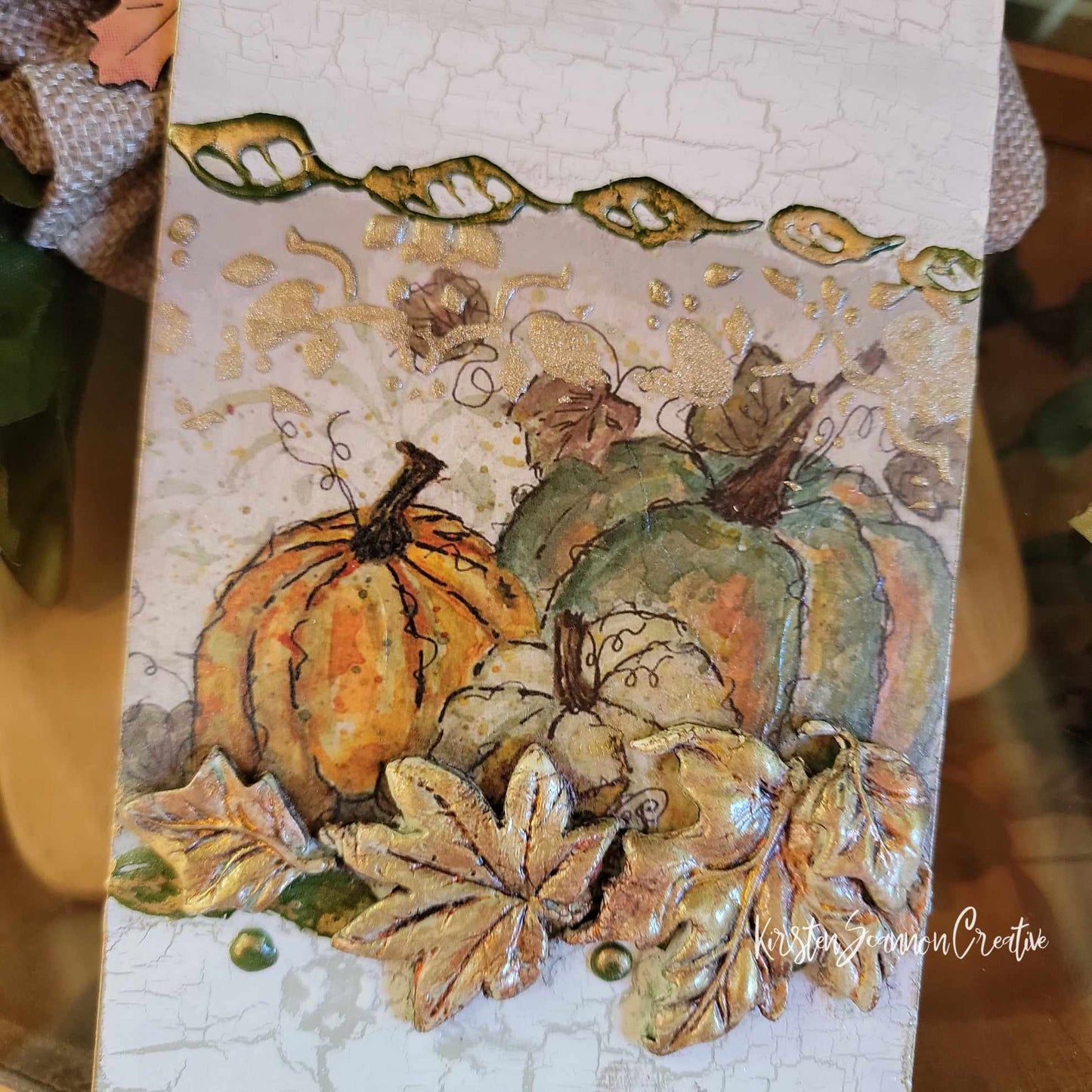 Pumpkin & Leaves Tag Decoupaged Mixed Media Art Wallhanging Ornament, Autumn-Fall Decor