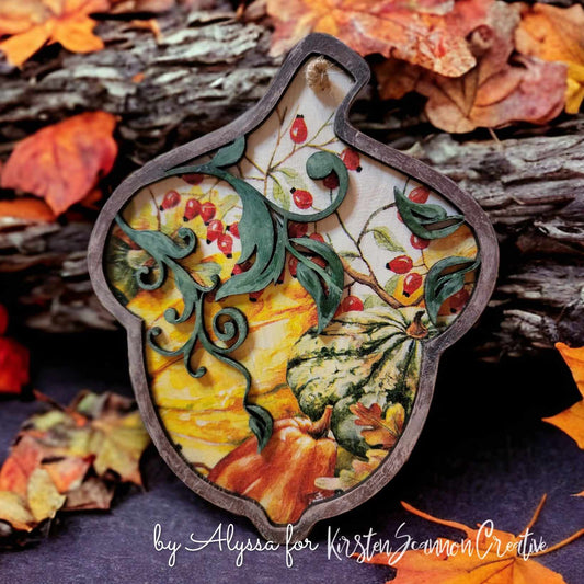Alyssa's Acorn Decoupaged Mixed Media Art Ornament, Autumn-Fall Decor