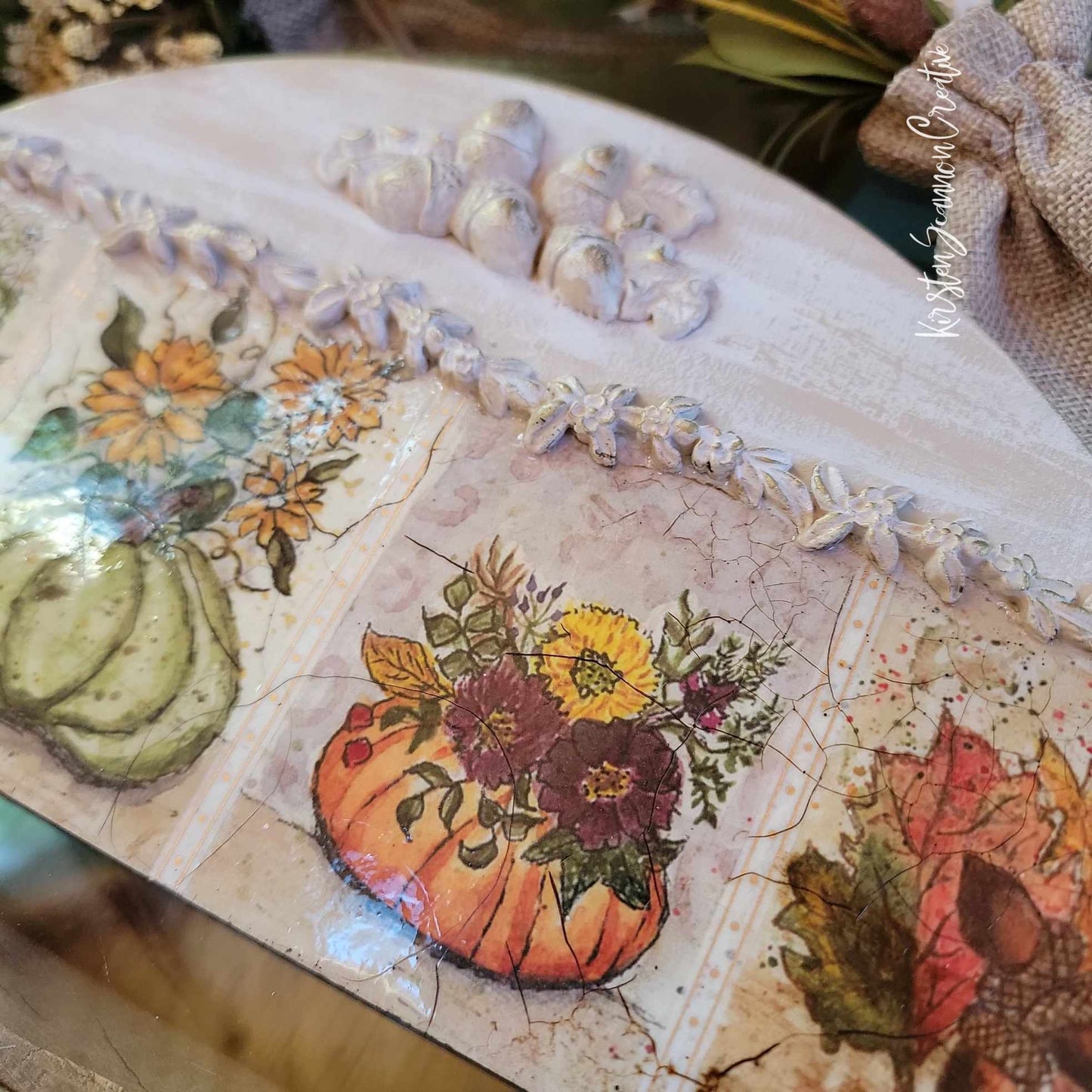 Acorns & Pumpkins Wallhanging Decoupaged Mixed Media Art Ornament, Autumn-Fall Decor
