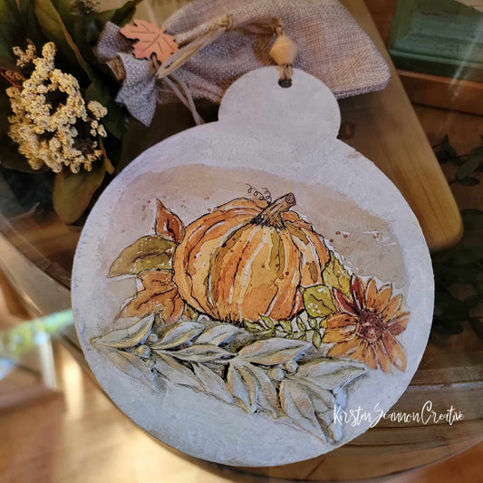Pumpkin & Mums Decoupaged Mixed Media Art Wallhanging Ornament, Autumn-Fall Decor