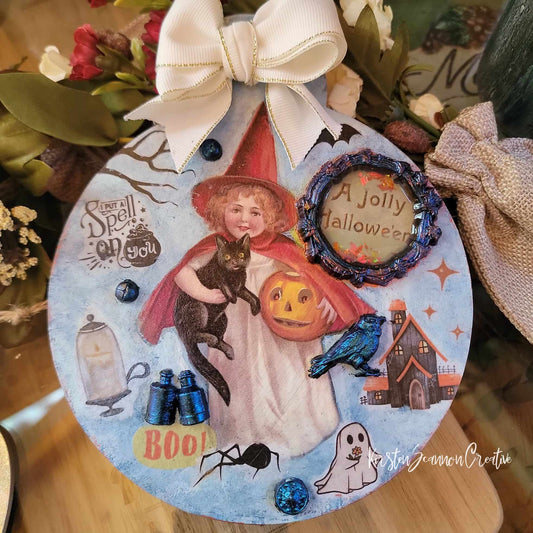 Little Miss Witch Decoupaged Mixed Media Art Wallhanging Ornament, Autumn-Fall Decor