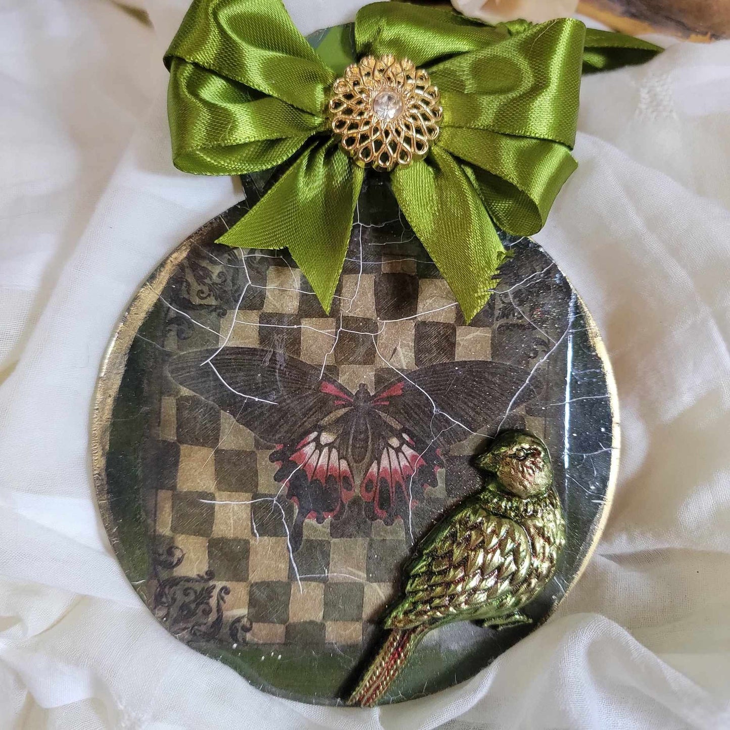 Green with Envy Decoupaged Mixed Media Art Ornament, Halloween Decor