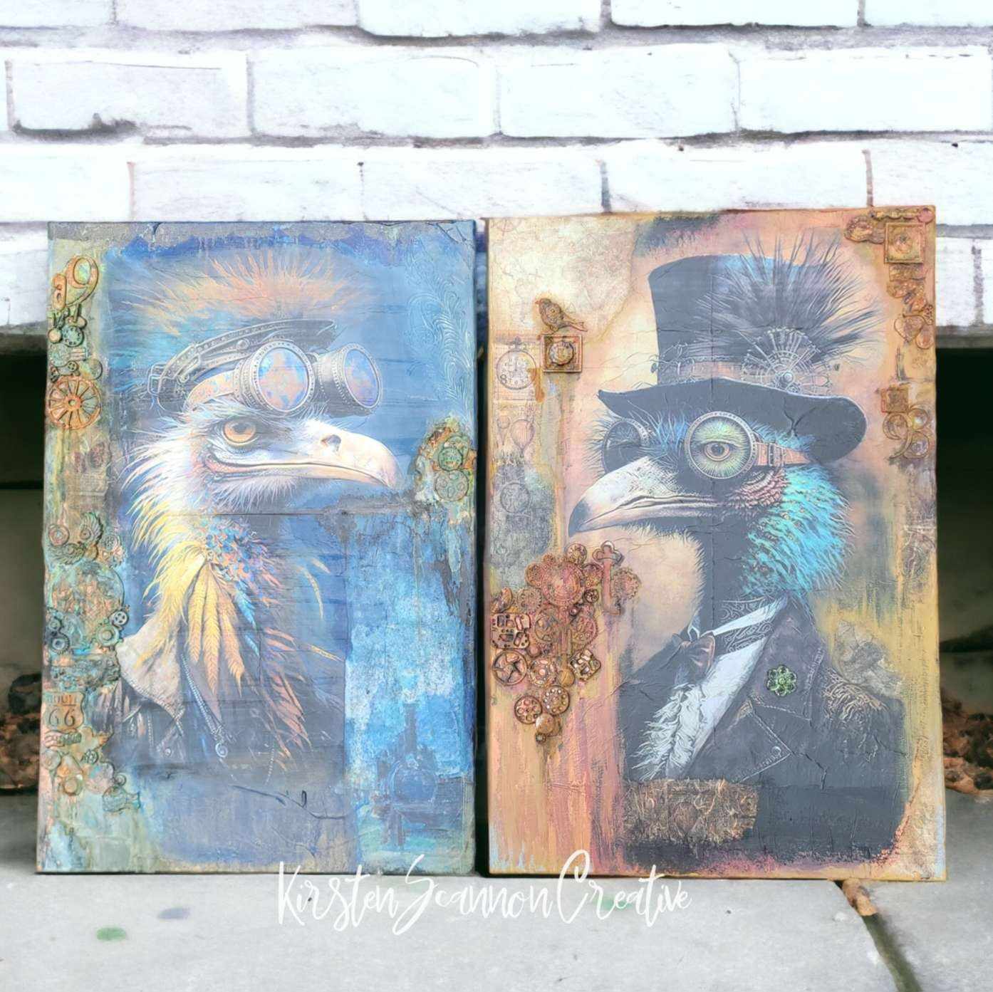 Traveling Steampunk Birds Mixed Media Canvases, Wall Art