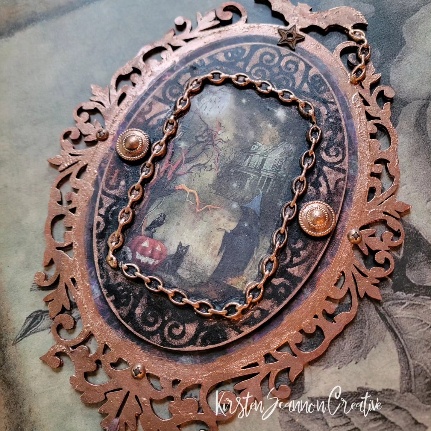 Witch in Chains Decoupaged Mixed Media Art Ornament, Halloween Decor