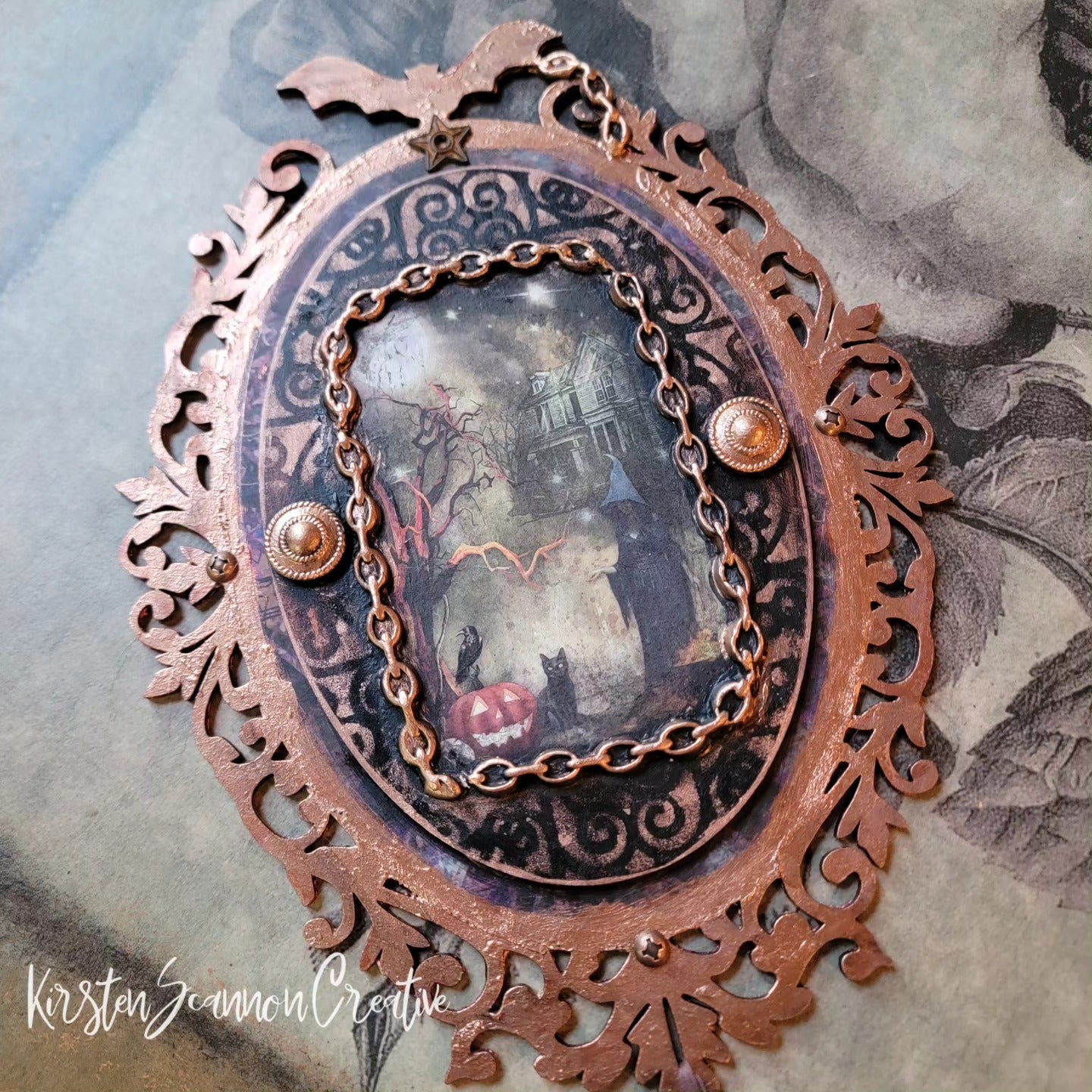 Witch in Chains Decoupaged Mixed Media Art Ornament, Halloween Decor