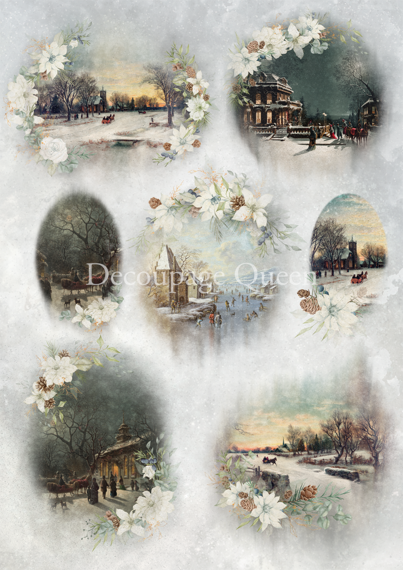 Rice Paper for Decoupage A4 Merry Christmas (Winter Moon Ornaments - 2  Sheets)