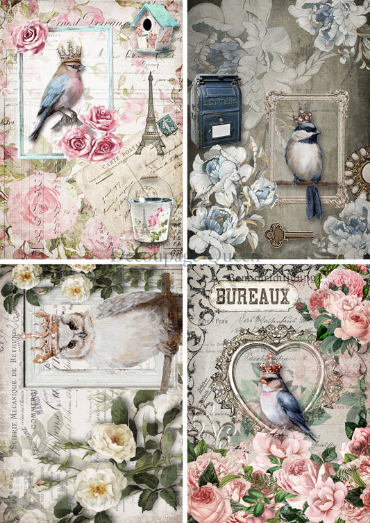 Decoupage Queen A4 Rice Paper Crowned Birds Four Pack