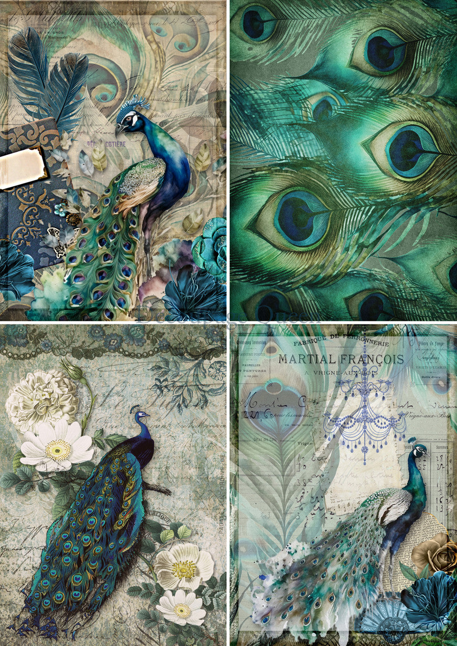 Decoupage Queen A4 Rice Paper Peacock 4-Pack