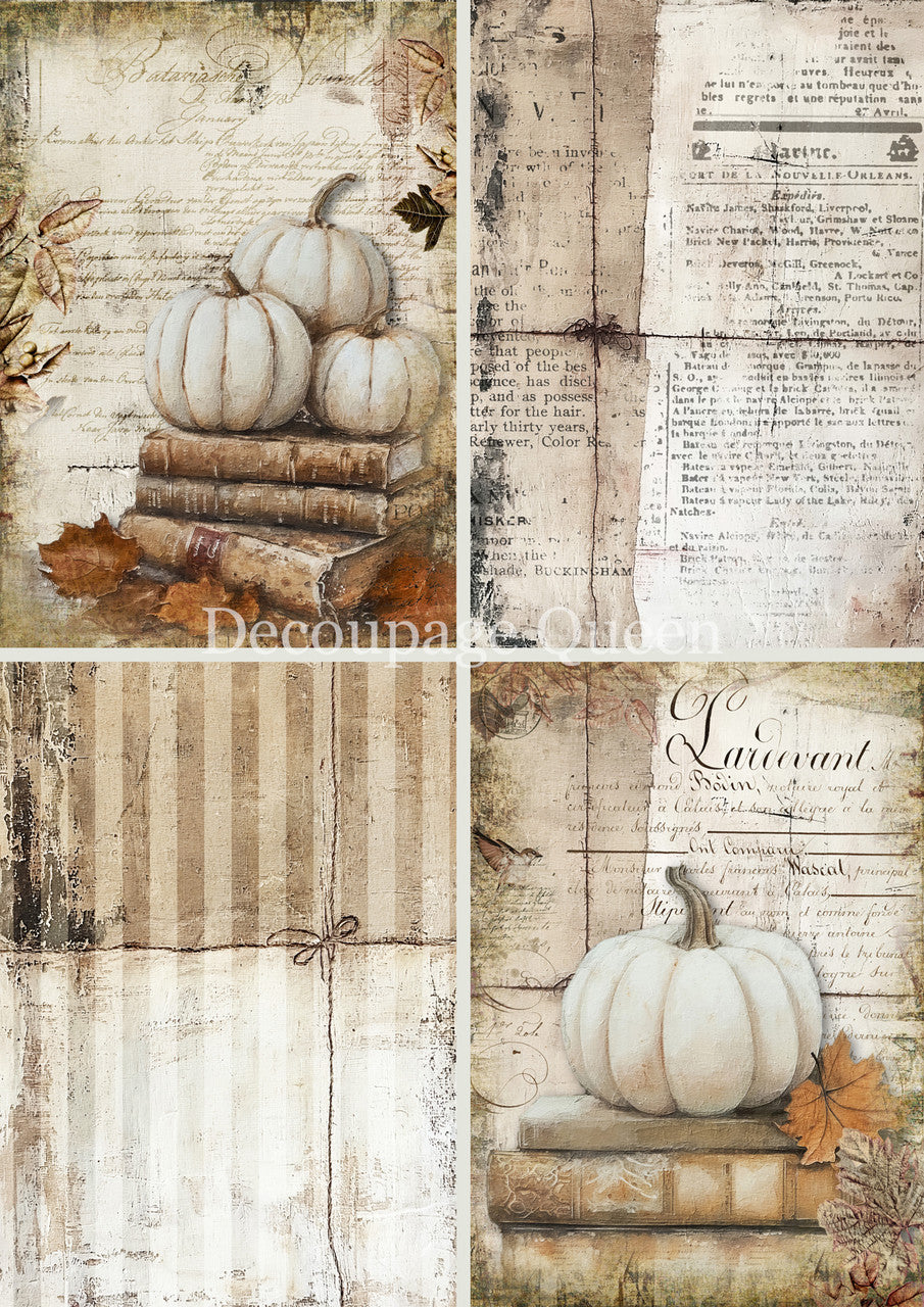 Decoupage Queen A4 Rice PaperCottage Pumpkins Four Pack