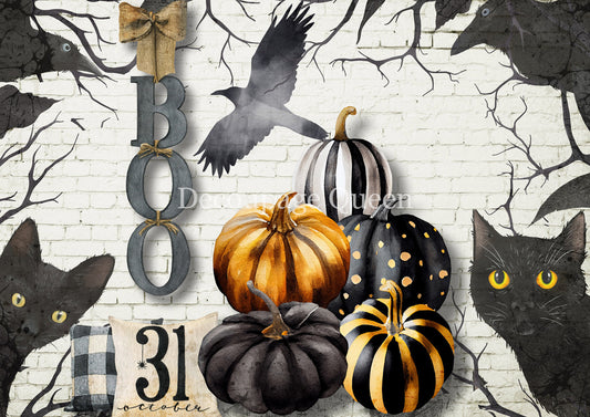 Decoupage Queen A4 Rice Paper Black and White Pumpkins