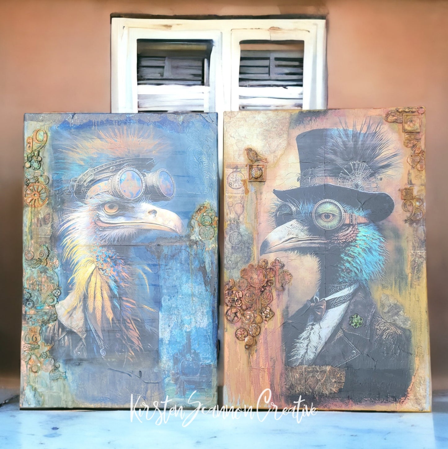 Traveling Steampunk Birds Mixed Media Canvases, Wall Art