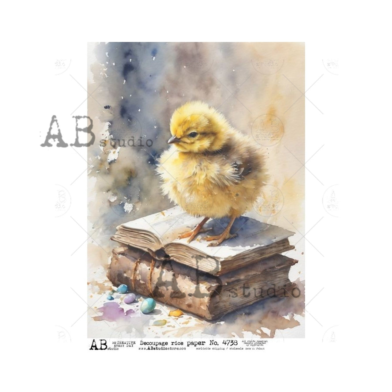 AB Studios A4 Rice Paper for Decoupage Chick on a Book Stack 4738