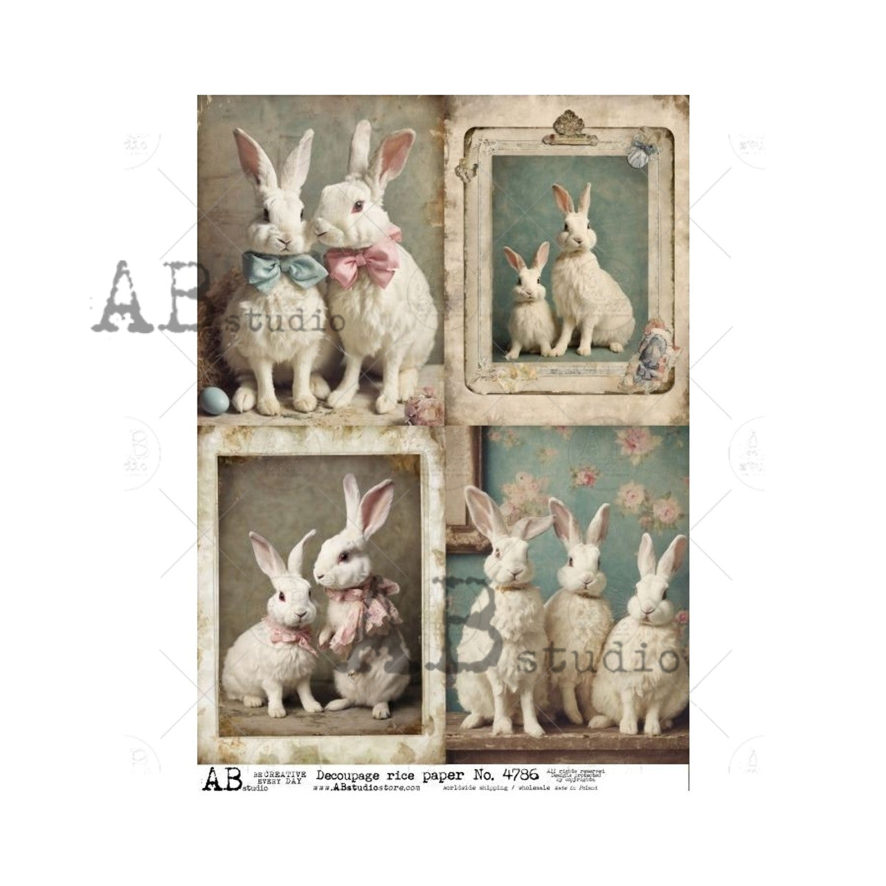 AB Studios A4 Rice Paper for Decoupage Bunny Familes Shabby Chic Style 4786