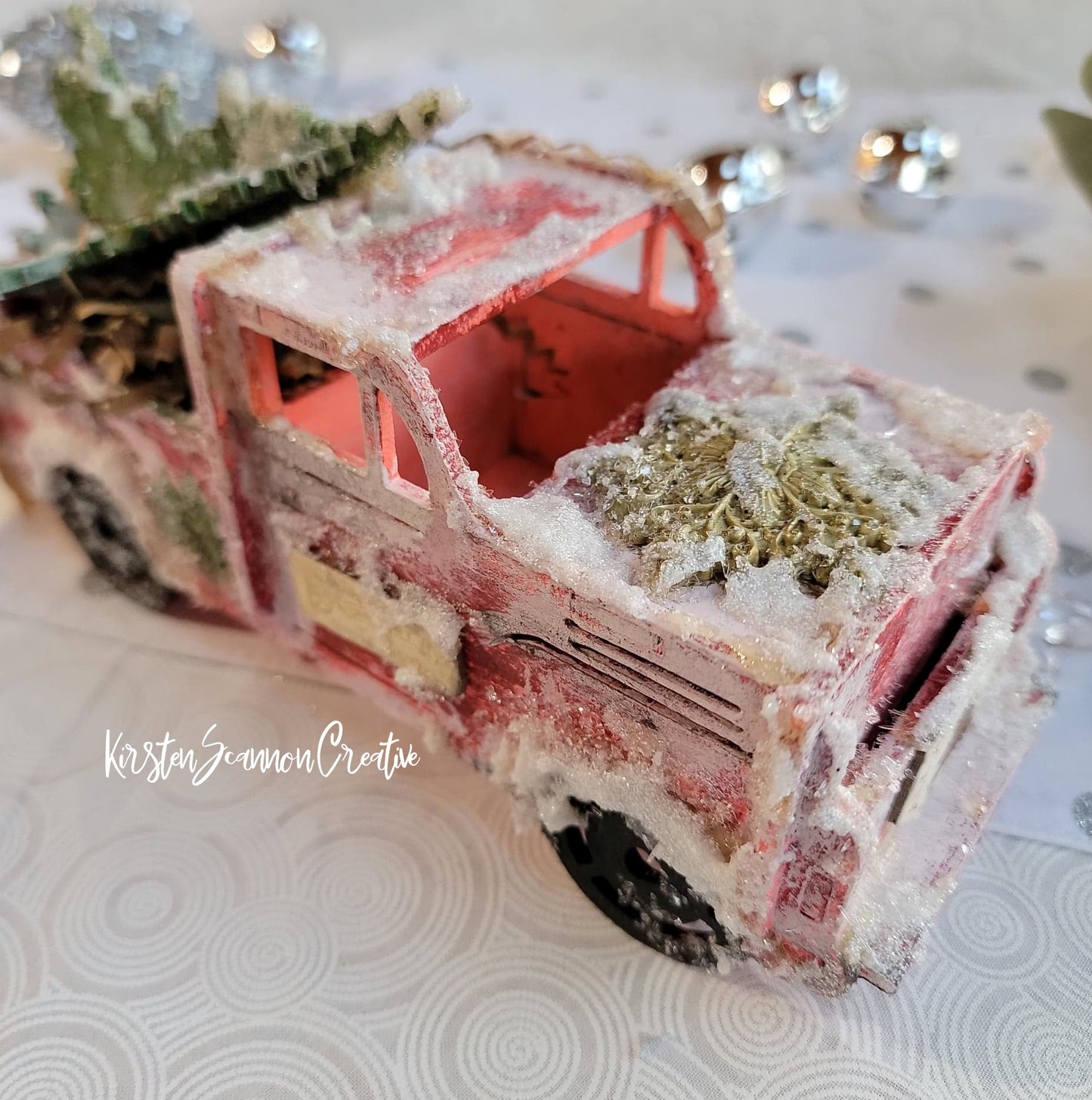 Vintage-Style Little Red Truck Mixed Media Winter Decoration