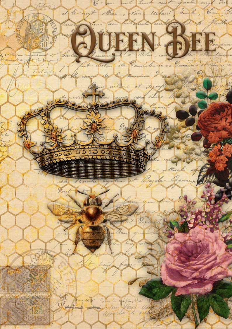 Decoupage Queen Rice Paper Queen Bee and Roses w/ Honeycomb RETIRED A4