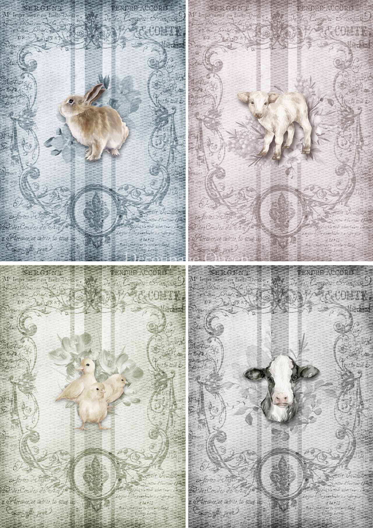 Decoupage Queen Rice Paper Spring Animals 4 Pack A4