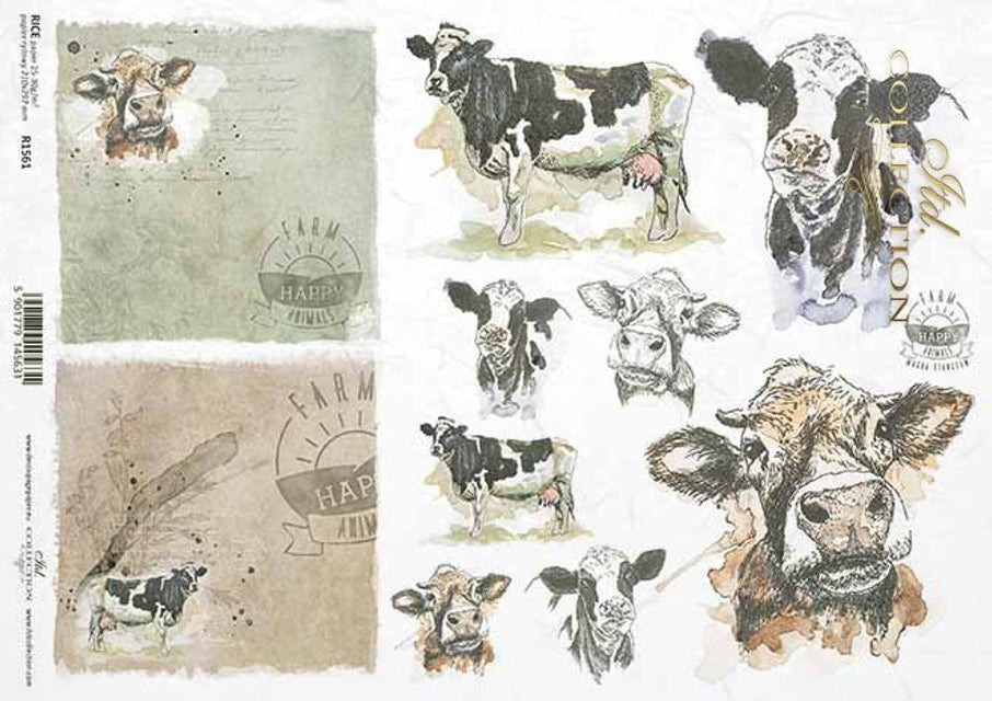 ITD Collection A4 Rice Paper for Decoupage Cow Portraits 1561