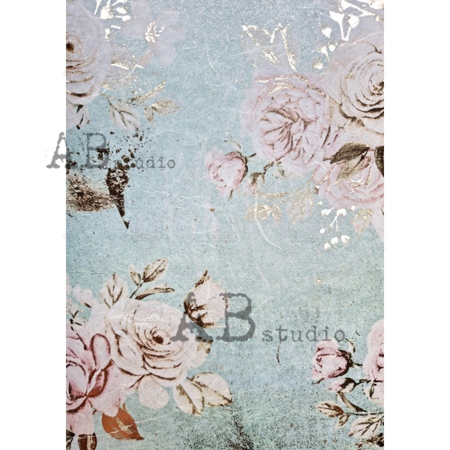 AB Studios A4 Rice Paper for Decoupage Gilded Aqua & Pink Floral 0054 A4