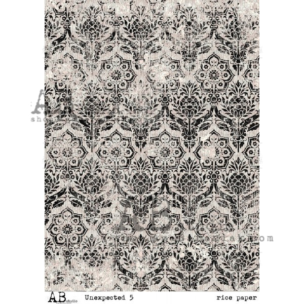 AB Studios A4 Rice Paper for Decoupage Black Damask #005