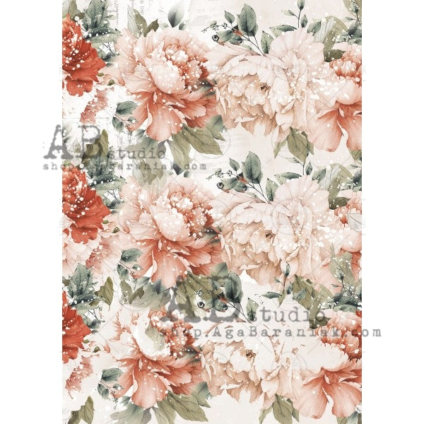 AB Studios A4 Rice Paper for Decoupage Large Coral Roses 0691