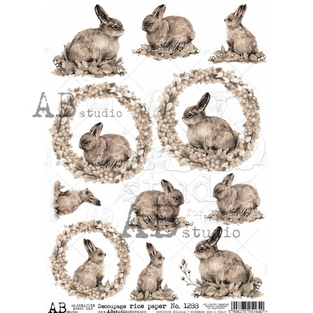 AB Studios A4 Rice Paper for Decoupage Sepia Bunny Rabbits 1288